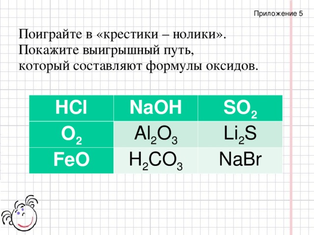 Приложение 5 Поиграйте в «крестики – нолики». Покажите выигрышный путь, который составляют формулы оксидов. HCl O 2 NaOH SO 2 Al 2 O 3 FeO Li 2 S H 2 CO 3 NaBr