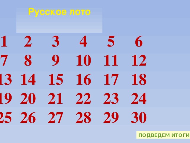 Русское лото  1 2 3 4 5 6  7 8 9 10 11 12 13 14 15 16 17 18 19 20 21 22 23 24 25 26 27 28 29 30 Подведем итоги