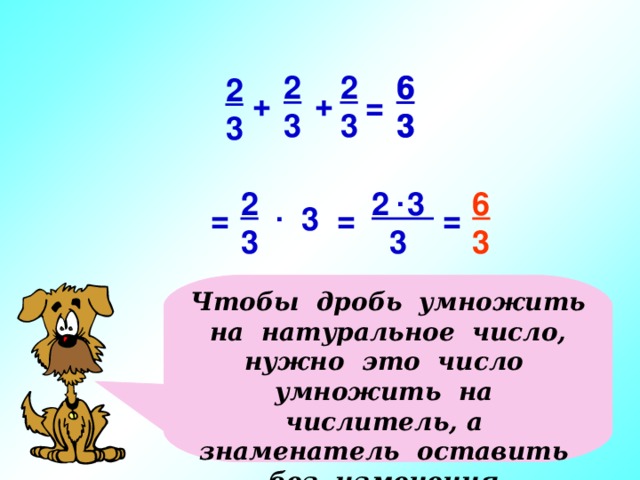 2 3 2 3 6 3 6 3 2 3  + + = . 6 3 2 3 2 3  3 . = = = 3 Чтобы дробь умножить на натуральное число, нужно это число умножить на числитель, а знаменатель оставить без изменения. Последовательность щелчком, т.к. подключаю к обсуждению детей.  6