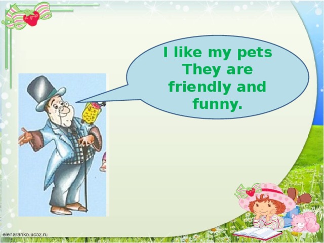 I like my pets They are friendly and funny.