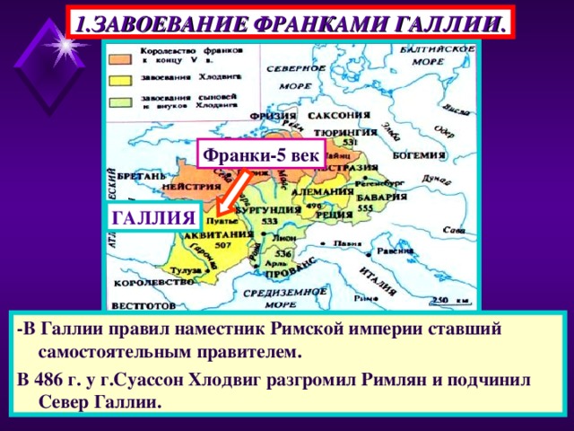 1.ЗАВОЕВАНИЕ ФРАНКАМИ ГАЛЛИИ. Франки-5 век ГАЛЛИЯ -В Галлии правил наместник Римской империи ставший самостоятельным правителем. В 486 г. у г.Суассон Хлодвиг разгромил Римлян и подчинил Север Галлии.