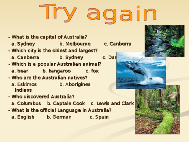- What is the capital of Australia?  a. Sydney  b. Melbourne c. Canberra - Which city is the oldest and largest?  a. Canberra  b. Sydney c. Darwin - Which is a popular Australian animal?  a. bear  b. kangaroo c. fox - Who are the Australian natives?  a. Eskimos  b. Aborigines  c. Indians - Who discovered Australia?  a. Columbus b. Captain Cook c. Lewis and Clark - What is the official Language in Australia?  a. English b. German c. Spain