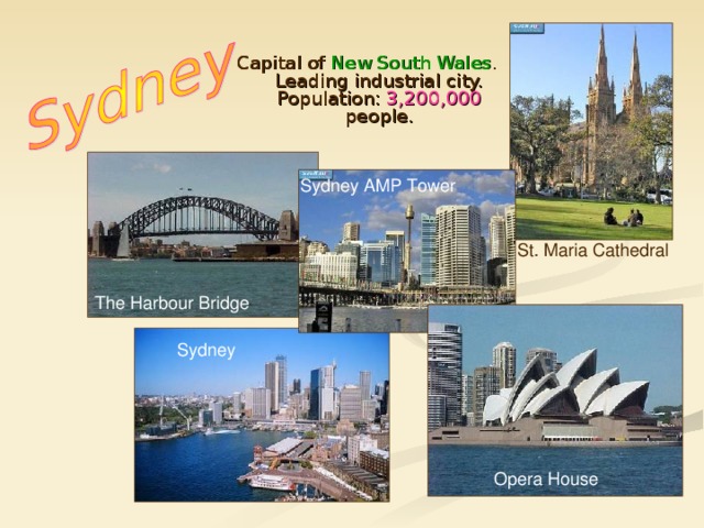 Capital of New South Wales . Leading industrial city. Population: 3,200,000 people . Sydney AMP Tower St. Maria Cathedral The Harbour Bridge Sydney Opera House
