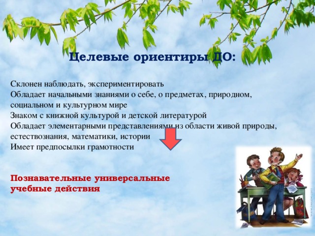 Целевые ориентиры ДО: Склонен наблюдать, экспериментировать Обладает начальными знаниями о себе, о предметах, природном, социальном и культурном мире Знаком с книжной культурой и детской литературой Обладает элементарными представлениями из области живой природы, естествознания, математики, истории Имеет предпосылки грамотности   Познавательные универсальные учебные действия