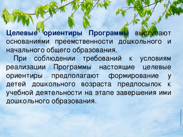 Целевые ориентиры Программы выступают основаниями преемственности дошкольного и начального общего образования.  При соблюдении требований к условиям реализации Программы настоящие целевые ориентиры предполагают формирование у детей дошкольного возраста предпосылок к учебной деятельности на этапе завершения ими дошкольного образования.