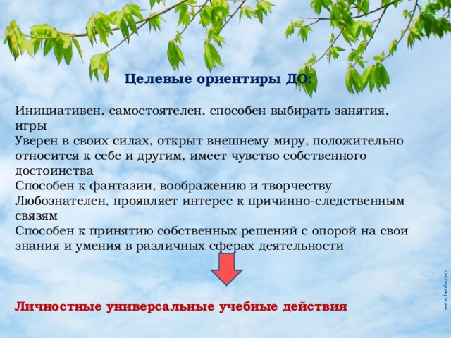 Целевые ориентиры ДО:  Инициативен, самостоятелен, способен выбирать занятия, игры Уверен в своих силах, открыт внешнему миру, положительно относится к себе и другим, имеет чувство собственного достоинства Способен к фантазии, воображению и творчеству Любознателен, проявляет интерес к причинно-следственным связям Способен к принятию собственных решений с опорой на свои знания и умения в различных сферах деятельности    Личностные универсальные учебные действия