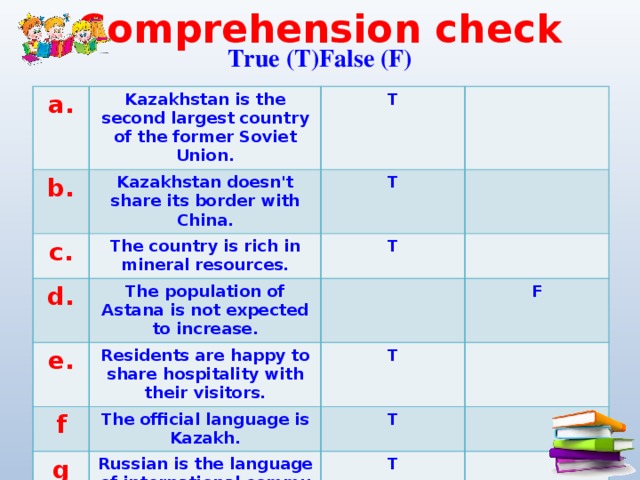 Comprehension check True (T)False (F) a. Kazakhstan is the second largest country of the former Soviet Union. b. T Kazakhstan doesn't share its border with China. c. T The country is rich in mineral resources. d. e. The population of Astana is not expected to increase. T Residents are happy to share hospitality with their visitors. f F T The official language is Kazakh. g T Russian is the language of international commu­nication. T