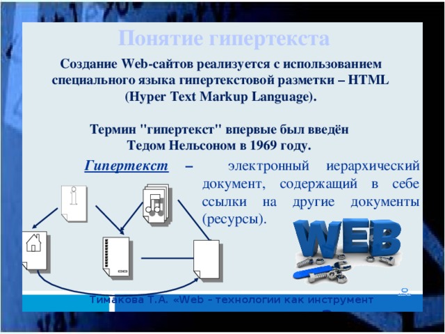 Понятие гипертекста Создание Web-сайтов реализуется с использованием специального языка гипертекстовой разметки – HTML (Hyper Text Markup Language).  Термин 