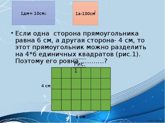 Площадь прямоугольника в дм. Единичный квадрат. Необходимо из квадрата со стороной. Площадь квадрата разделить на стороны. Сторона квадрата с площадью 1 дм в квадрате.