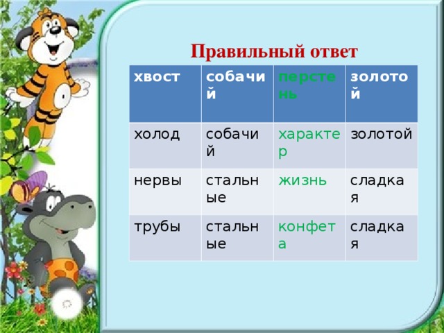 Правильный ответ     хвост собачий холод перстень собачий нервы трубы золотой  характер стальные стальные золотой жизнь сладкая конфета сладкая