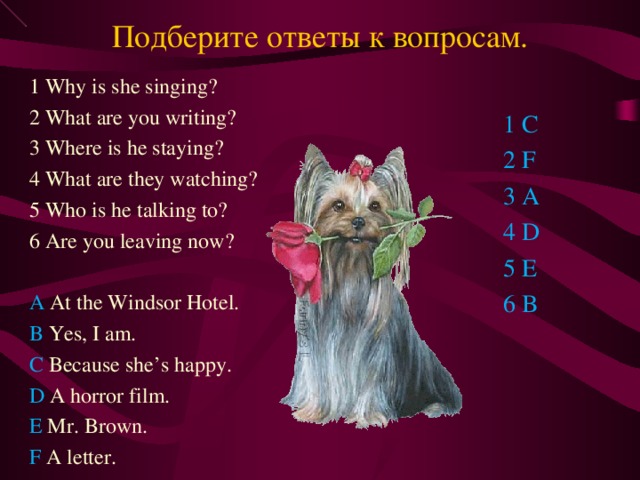 Подберите ответы к вопросам. 1 Why is she singing? 2 What are you writing? 3 Where is he staying? 4 What are they watching? 5 Who is he talking to? 6 Are you leaving now? A At the Windsor Hotel. B Yes, I am. C Because she’s happy. D A horror film. E Mr. Brown. F A letter. 1 C 2 F 3 A 4 D 5 E 6 B
