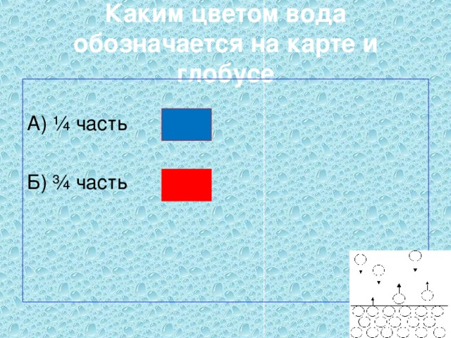 Каким цветом вода обозначается на карте и глобусе А) ¼ часть Б) ¾ часть