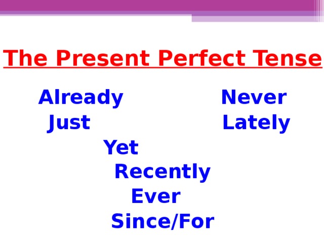 The Present Perfect Tense Already Never  Just  Lately  Yet Recently Ever Since/For