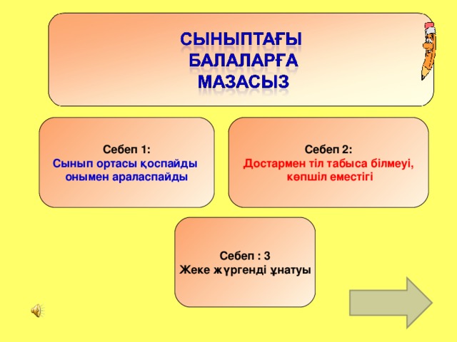 Себеп 1 : Себеп 2 : Сынып ортасы қоспайды онымен араласпайды Достармен тіл табыса білмеуі,  көпшіл еместігі Себеп : 3 Жеке жүргенді ұнатуы