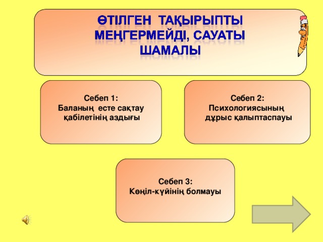 Себеп 1 : Баланың есте сақтау  қабілетінің аздығы  Себеп 2 : Психологиясының  дұрыс қалыптаспауы  Себеп 3 : Көңіл-күйінің болмауы