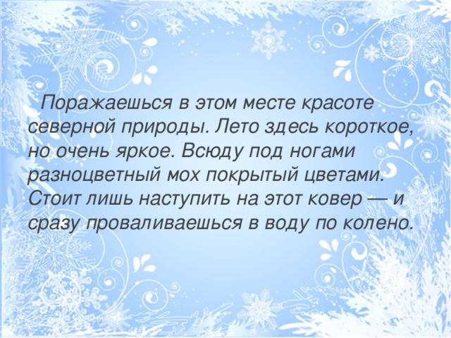 Поражаешься в этом месте красоте северной природы. Лето здесь короткое, но очень яркое. Всюду под ногами разноцветный мох покрытый цветами. Стоит лишь наступить на этот ковер — и сразу проваливаешься в воду по колено.