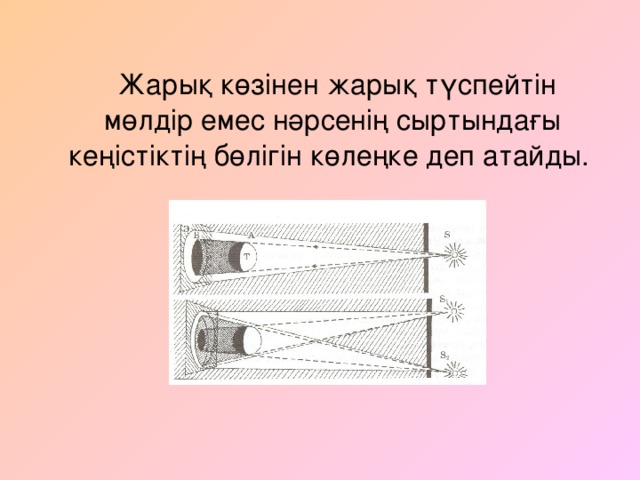 Жарық көзінен жарық түспейтін мөлдір емес нәрсенің сыртындағы кеңістіктің бөлігін көлеңке деп атайды.