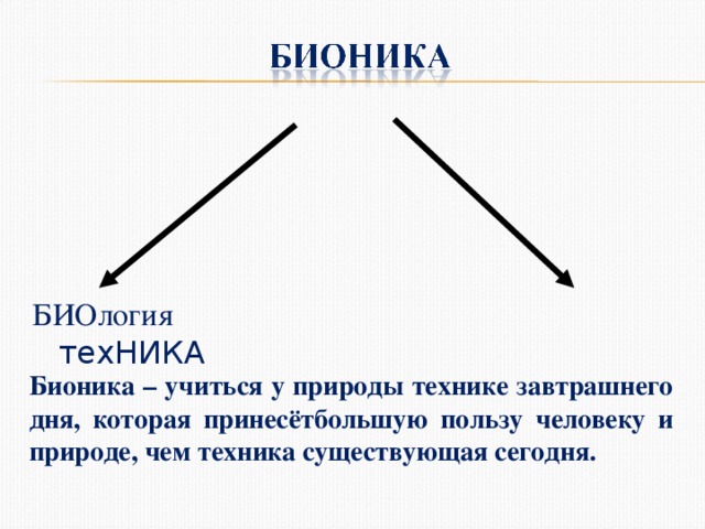 БИОлогия техНИКА Бионика – учиться у природы технике завтрашнего дня, которая принесётбольшую пользу человеку и природе, чем техника существующая сегодня.