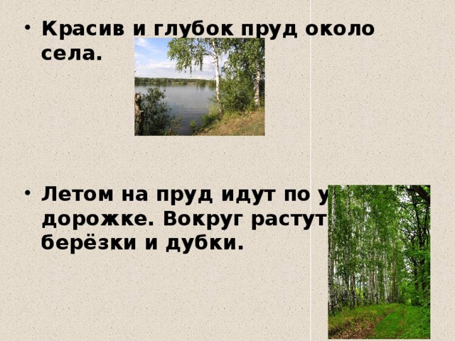 Красив и глубок пруд около села.     Летом на пруд идут по узкой дорожке. Вокруг растут берёзки и дубки.