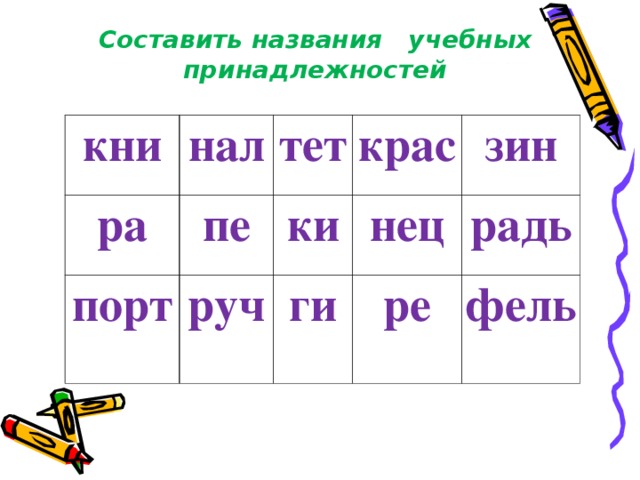 Составить названия учебных принадлежностей кни нал ра тет пе порт крас руч ки зин нец ги ре радь фель