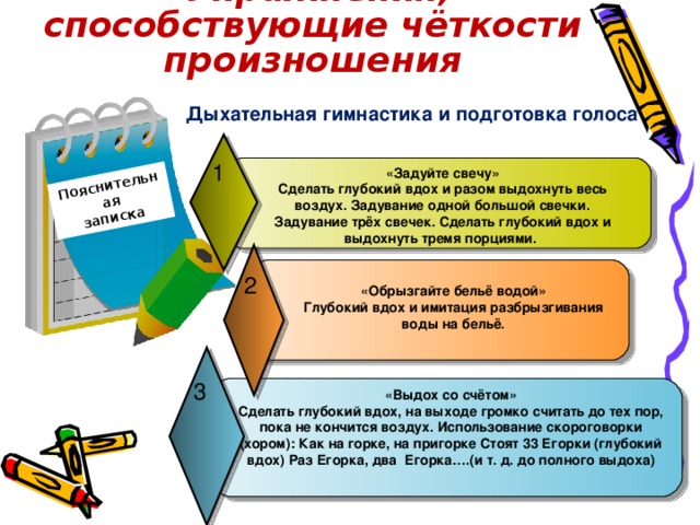 Пояснительная  записка  Упражнения, способствующие чёткости произношения Дыхательная гимнастика и подготовка голоса  1 «Задуйте свечу» Сделать глубокий вдох и разом выдохнуть весь воздух. Задувание одной большой свечки. Задувание трёх свечек. Сделать глубокий вдох и выдохнуть тремя порциями.  «Обрызгайте бельё водой» Глубокий вдох и имитация разбрызгивания воды на бельё. 2 «Выдох со счётом» Сделать глубокий вдох, на выходе громко считать до тех пор, пока не кончится воздух. Использование скороговорки (хором): Как на горке, на пригорке Стоят 33 Егорки (глубокий вдох) Раз Егорка, два Егорка….(и т. д. до полного выдоха) 3