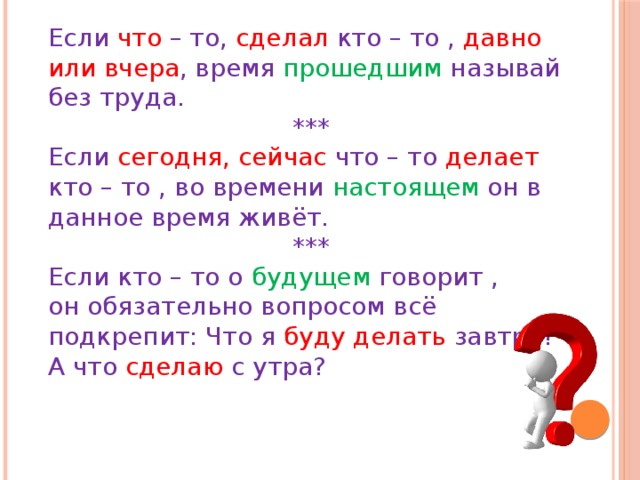 Если что – то, сделал кто – то , давно или вчера , время прошедшим называй без труда. *** Если сегодня, сейчас что – то делает кто – то , во времени настоящем он в данное время живёт. *** Если кто – то о будущем говорит , он обязательно вопросом всё подкрепит: Что я буду делать завтра? А что сделаю с утра?