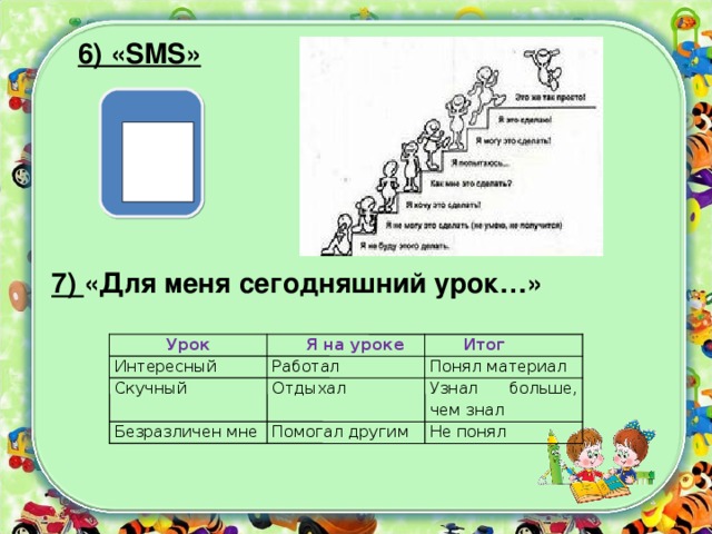 6) «SMS» 7) «Для меня сегодняшний урок…» Итог Я на уроке Урок Работал Понял материал Интересный Узнал больше, чем знал Отдыхал Скучный Помогал другим Безразличен мне Не понял