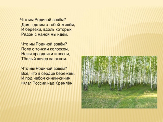 Что мы Родиной зовём?  Дом, где мы с тобой живём,  И берёзки, вдоль которых  Рядом с мамой мы идём.  Что мы Родиной зовём?  Поле с тонким колоском,  Наши праздники и песни,  Тёплый вечер за окном.  Что мы Родиной зовём?  Всё, что в сердце бережём,  И под небом синим-синим  Флаг России над Кремлём