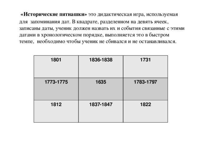 «Исторические пятнашки» это дидактическая игра, используемая для запоминания дат. В квадрате, разделенном на девять ячеек, записаны даты, ученик должен назвать их и события связанные с этими датами в хронологическом порядке, выполняется это в быстром темпе,  необходимо чтобы ученик не сбивался и не останавливался.  1801 1836-1838 1773-1775 1731 1635 1812 1837-1847 1783-1797 1822