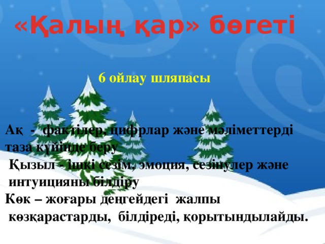 «Қалың қар» бөгеті 6 ойлау шляпасы Ақ - фактілер, цифрлар және мәліметтерді таза күйінде беру  Қызыл - ішкі сезім, эмоция, сезінулер және  интуицияны білдіру Көк – жоғары деңгейдегі жалпы  көзқарастарды, білдіреді, қорытындылайды.