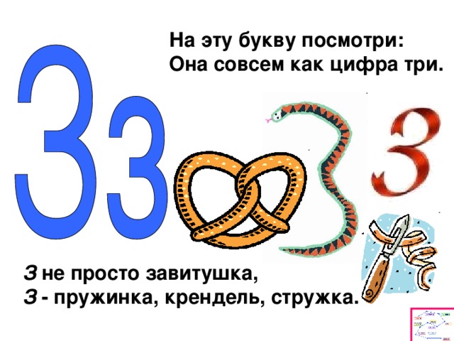 На эту букву посмотри: Она совсем как цифра три. З не просто завитушка, З - пружинка, крендель, стружка.