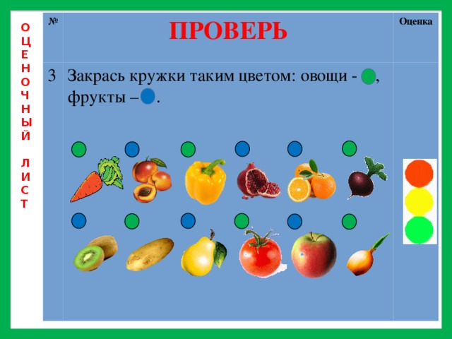 № ПРОВЕРЬ 3 Закрась кружки таким цветом: овощи - , фрукты – . Оценка О Ц Е Н О Ч Н Ы Й  Л И С Т