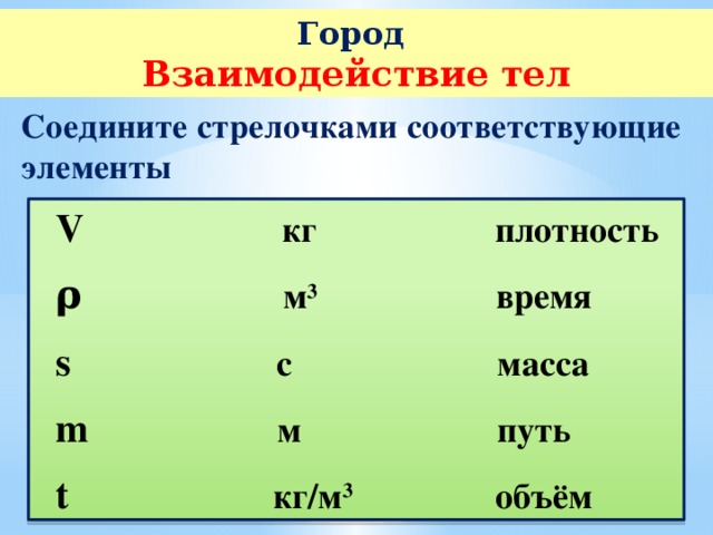 Город  Взаимодействие тел Соедините стрелочками соответствующие элементы  V кг плотность   ρ м 3 время   s с масса   m м путь   t кг/м 3 объём