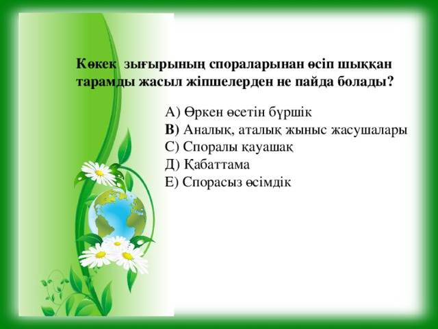 Көкек зығырының спораларынан өсіп шыққан тарамды жасыл жіпшелерден не пайда болады?     А) Өркен өсетін бүршік В) Аналық, аталық жыныс жасушалары С) Споралы қауашақ Д) Қабаттама Е) Спорасыз өсімдік