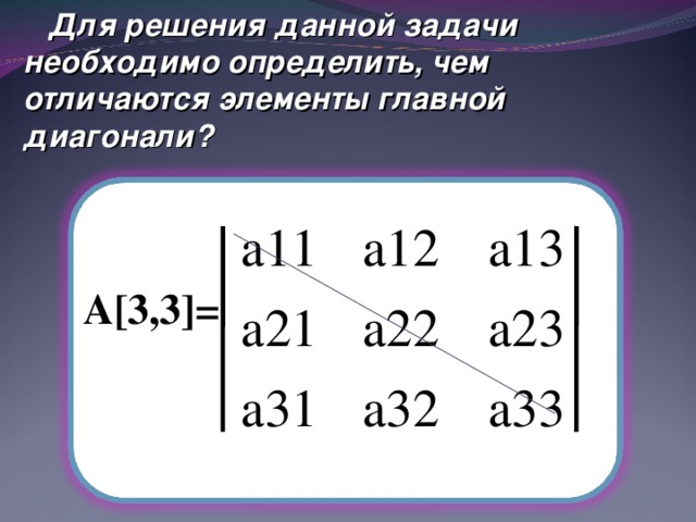 Для решения данной задачи необходимо определить, чем отличаются элементы главной диагонали?  А[3,3]=