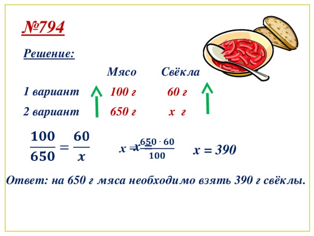 № 794 Решение: Мясо Свёкла 1 вариант 60 г 100 г 650 г 2 вариант x г   x =   x = 390 Ответ: на 650 г мяса необходимо взять 390 г свёклы.