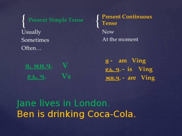 Present Simple Tense Present Continuous Tense Usually Now Sometimes At the moment Often…  я, мн.ч . V  я - am Ving  ед. ч . Vs  ед. ч . - is Ving  мн.ч . - are Ving  Jane lives in London.  Ben is drinking Coca-Cola.