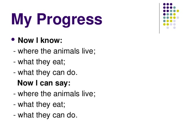 My Progress Now I know:  - where the animals live;  - what they eat;  - what they can do.  Now I can say:  - where the animals live;  - what they eat;  - what they can do.