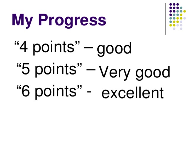 My Progress  “ 4 points” – “ 5 points” – “ 6 points” - good Very good excellent