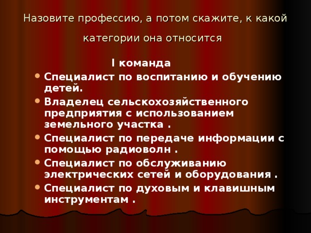 Назовите профессию, а потом скажите, к какой категории она относится  I команда