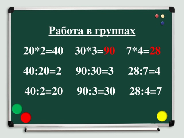 Работа в группах  20*2=40 30*3= 90 7*4= 28  40:20=2 90:30=3 28:7=4  40:2=20 90:3=30 28:4=7