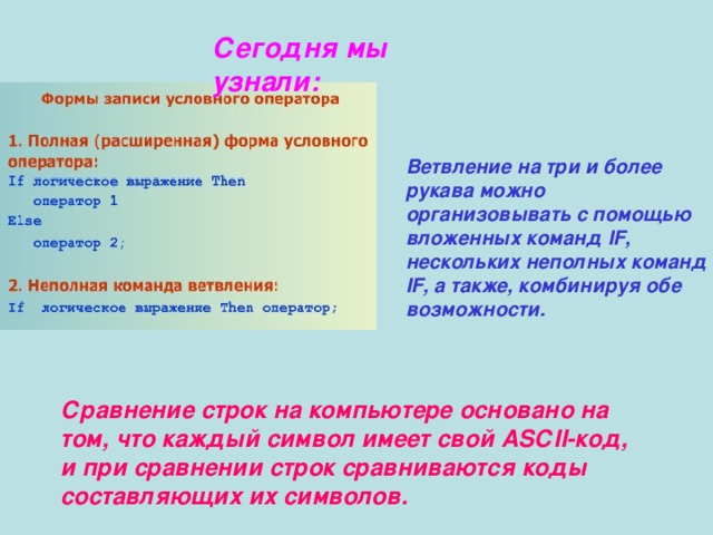 Сегодня мы узнали: Ветвление на три и более рукава можно организовывать с помощью вложенных команд IF , нескольких неполных команд IF , а также, комбинируя обе возможности. Сравнение строк на компьютере основано на том, что каждый символ имеет свой АSСII-код, и при сравнении строк сравниваются коды составляющих их символов.