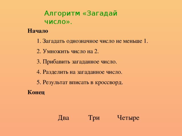 Алгоритм «Загадай число». Начало  1. Загадать однозначное число не меньше 1.  2. Умножить число на 2.  3. Прибавить загаданное число.  4. Разделить на загаданное число.  5. Результат вписать в кроссворд. Конец Три Два Четыре