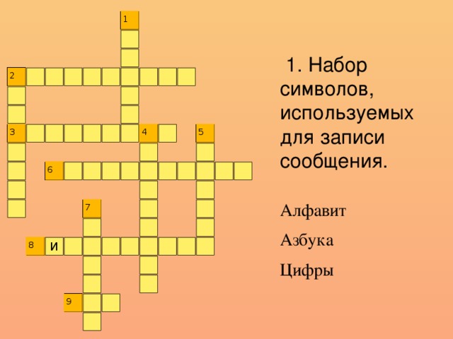 1  1. Набор символов, используемых для записи сообщения. 2 3 4 5 6 Алфавит Азбука Цифры 7 8 И 9