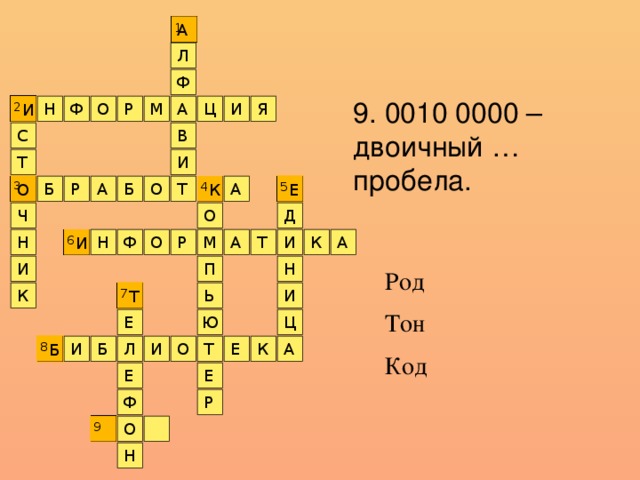 А 1 Л Ф 9. 0010 0000 – двоичный … пробела. М Р Ц И Я 2 И Н Ф О А В С И Т 3 5 Т О К Е А О Б Р Б А 4 Ч О Д А Н Т И О М Ф А Н 6 Р И К Н П И Род Тон Код Ь К И Т 7 Ю Е Ц Е Б Л А К Т И Б И О 8 Е Е Ф Р 9 О Н