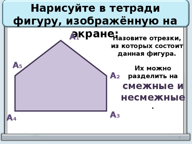 Нарисуйте в тетради фигуру, изображённую на экране: А 1 Назовите отрезки, из которых состоит данная фигура. А 5 Их можно разделить на смежные и несмежные . А 2 А 3 А 4