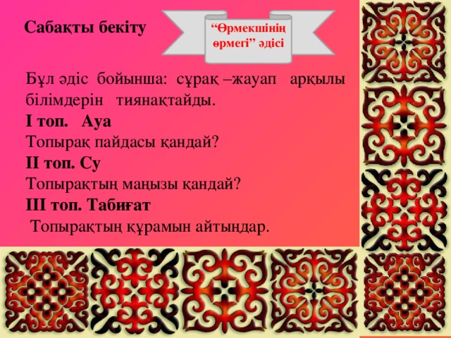 “ Өрмекшінің өрмегі” әдісі Сабақты бекіту Бұл әдіс бойынша: сұрақ –жауап арқылы білімдерін тиянақтайды. І топ. Ауа  Топырақ пайдасы қандай? ІІ топ. Су Топырақтың маңызы қандай? ІІІ топ. Табиғат  Топырақтың құрамын айтыңдар.