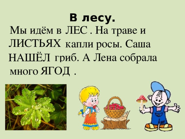 В лесу. ЛЕС Мы идём в ЕСЛ . На траве и ТЬЯХЛИС капли росы. Саша ШЁЛНА гриб. А Лена собрала много ГОДЯ . ЛИСТЬЯХ НАШЁЛ ЯГОД