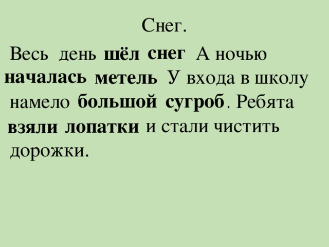 Снег. снег Весь день ёлш енгс . А ночью чалаьсан тельем . У входа в школу намело шольбой росубг . Ребята илявз поалкит и стали чистить дорожки. шёл началась метель большой сугроб лопатки взяли