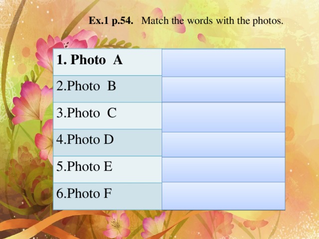 Ex.1 p.54. Match the words with the photos. 1. Photo A A hurricane 2.Photo B An earthquake 3.Photo C A tsunami 4.Photo D 5.Photo E A volcano A flood 6.Photo F A nuclear bomb